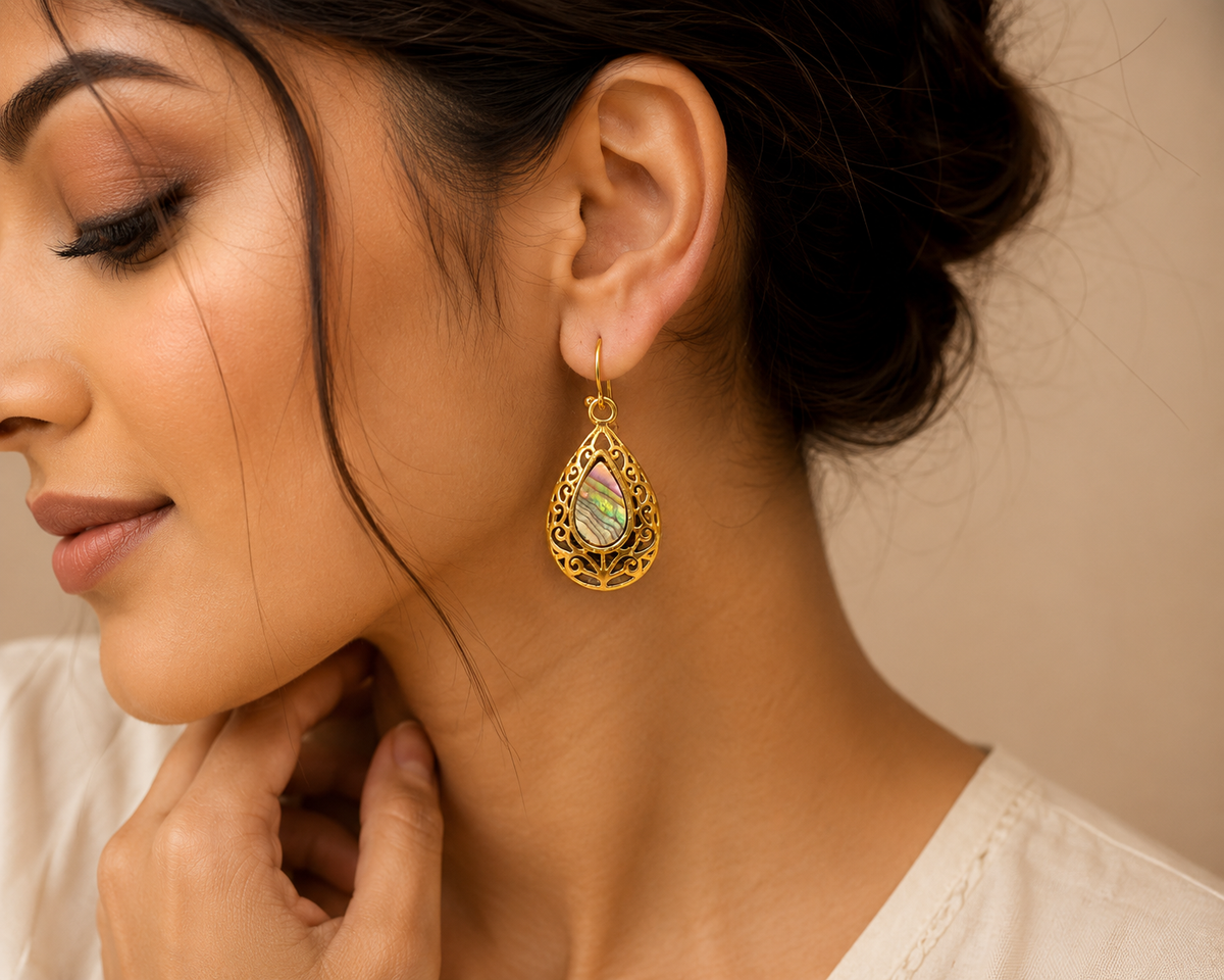 Barsa – Iridescent Filigree Teardrop Earrings